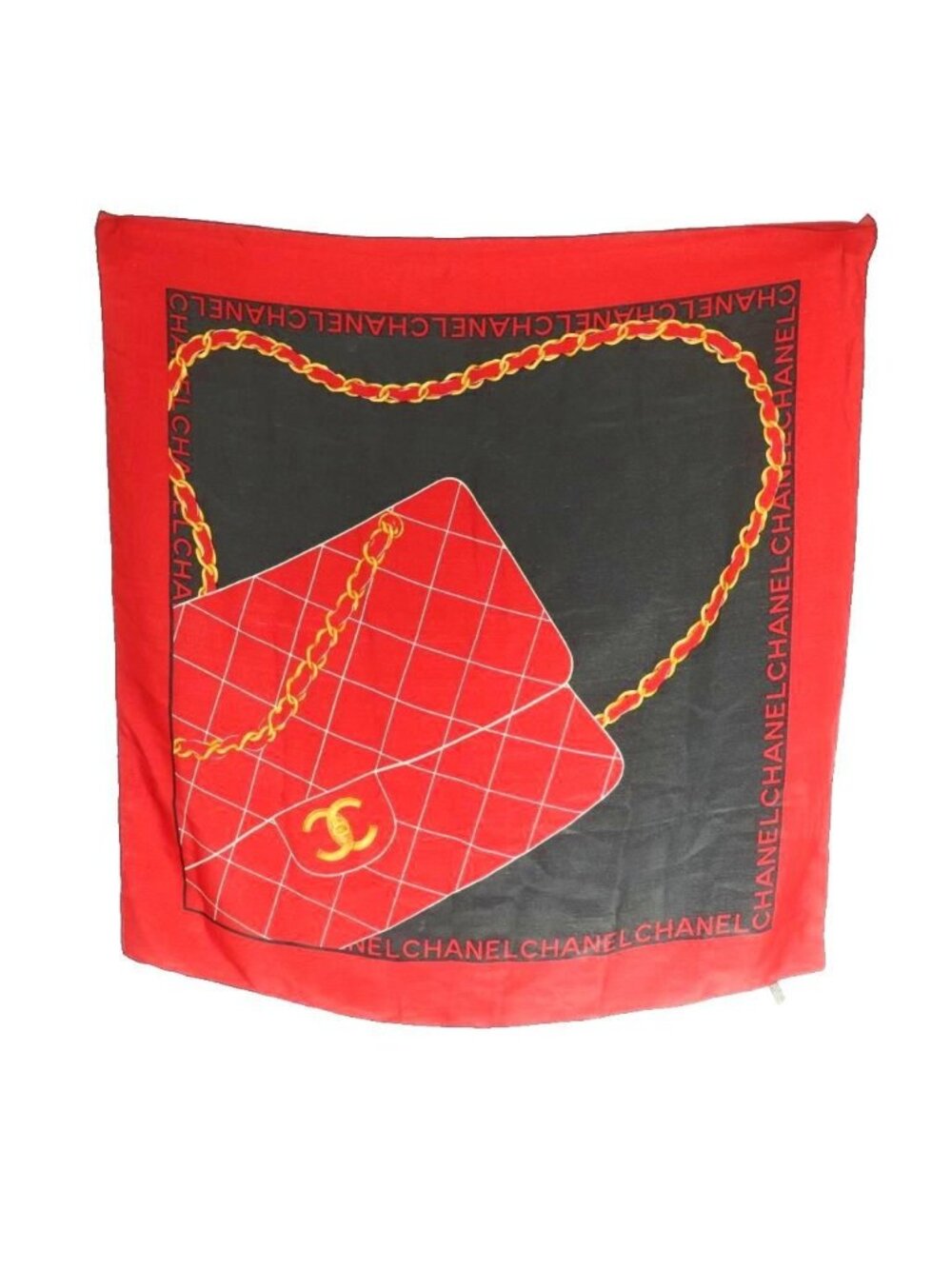 Chanel CC Logo Scarf All Over Silk Red Black